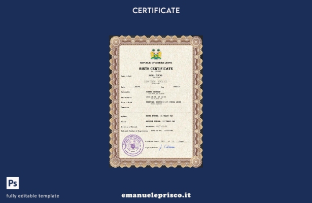 modello PSD del certificato di nascita dello stato di stato della Sierra Leone i